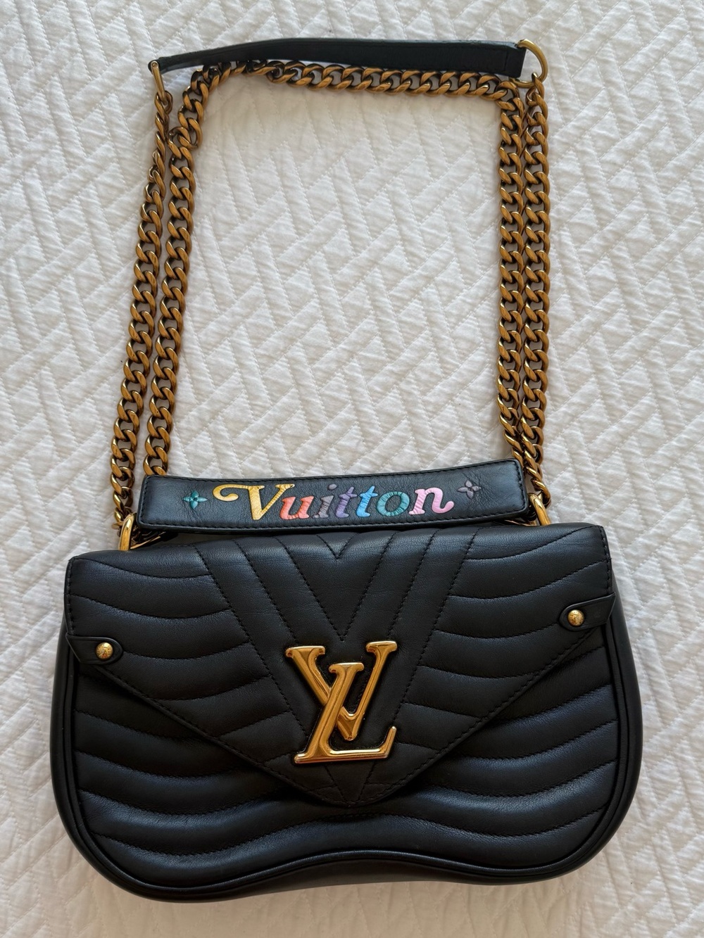 Louis Vuitton New Wave Black Quilted Shoulder Bag Multicolor Rainbow Logo Strap